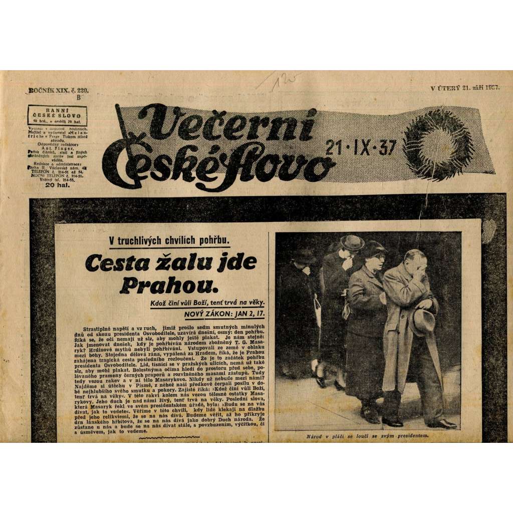 Večerní České slovo, ročník XIX., číslo 220/1937 (staré noviny) - T. G. Masaryk Večerní České slovo, ročník XIX., číslo 220/1937 (staré noviny) - T. G. Masaryk