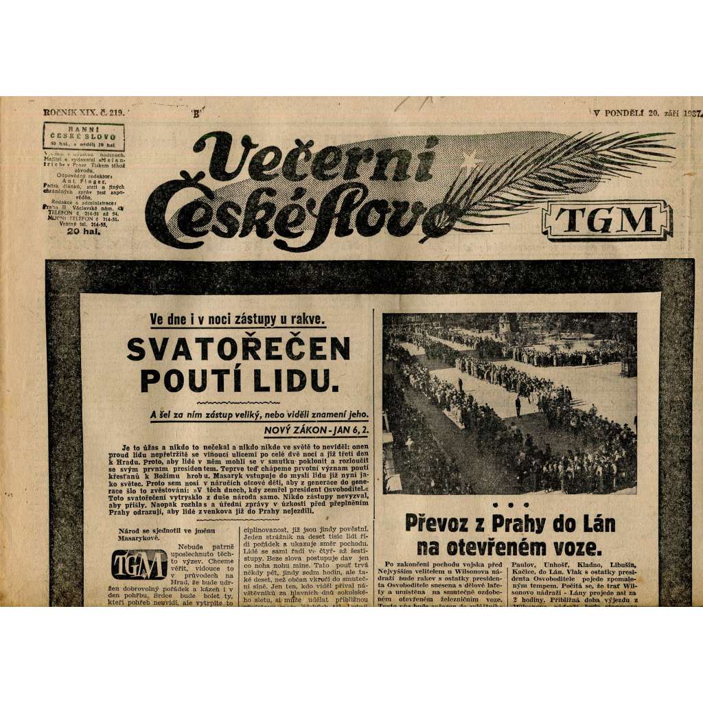 Večerní České slovo, ročník XIX., číslo 219/1937 (staré noviny) - T. G. Masaryk