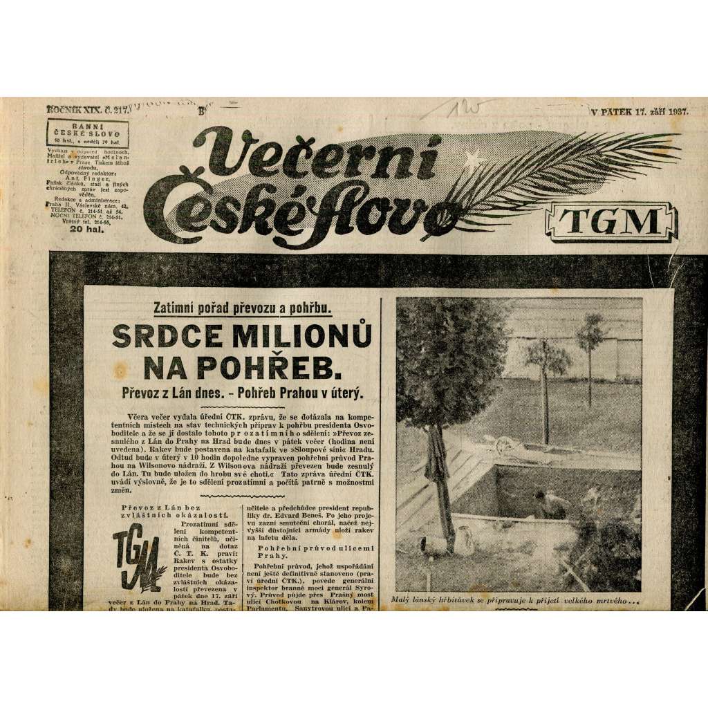 Večerní České slovo, ročník XIX., číslo 217/1937 (staré noviny) - T. G. Masaryk
