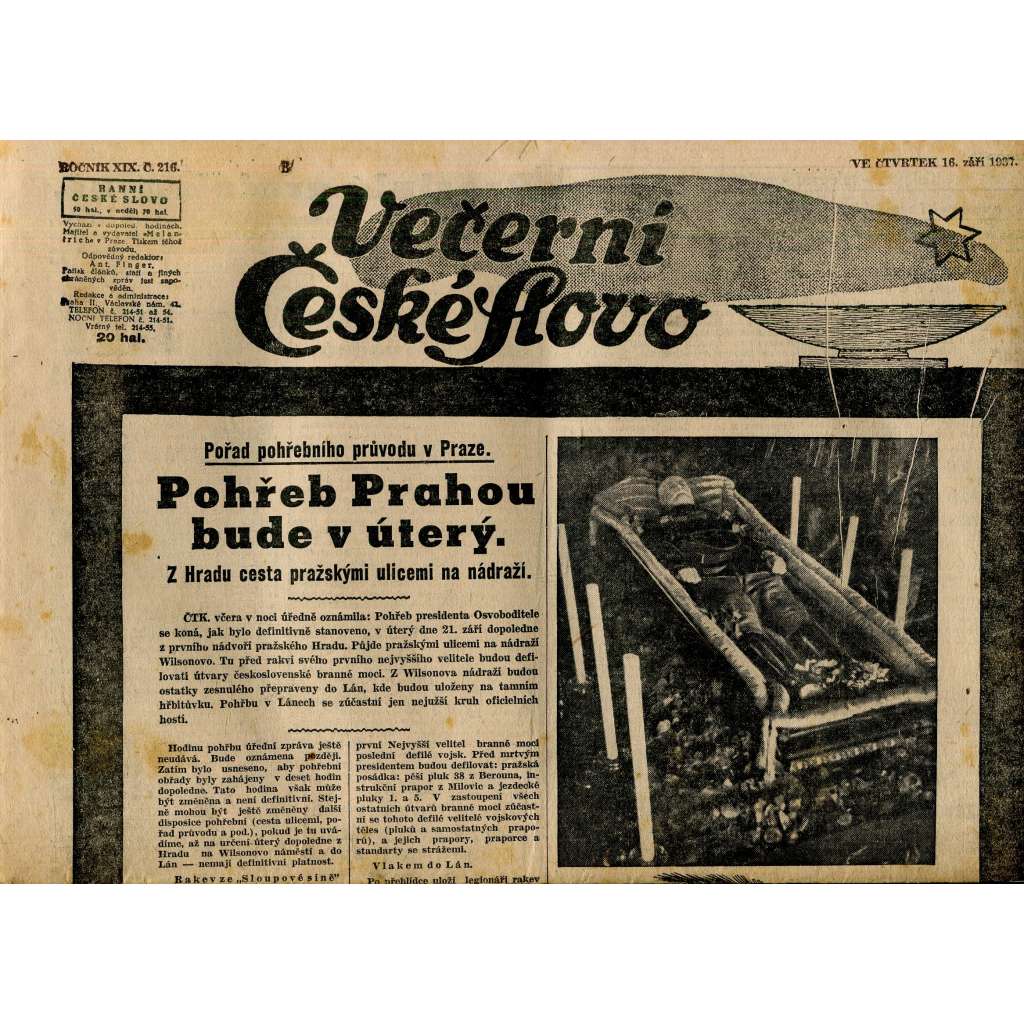 Večerní České slovo, ročník XIX., číslo 216/1937 (staré noviny) - T. G. Masaryk