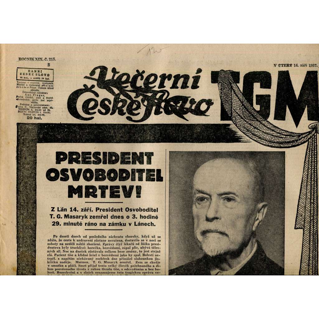 Večerní České slovo, ročník XIX., číslo 215/1937 (staré noviny) - T. G. Masaryk Večerní České slovo, ročník XIX., číslo 215/1937 (staré noviny) - T. G. Masaryk
