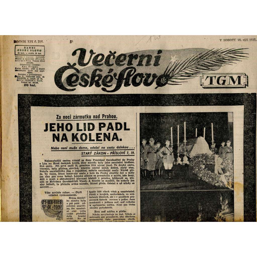 Večerní České slovo, ročník XIX., číslo 218/1937 (staré noviny) - T. G. Masaryk