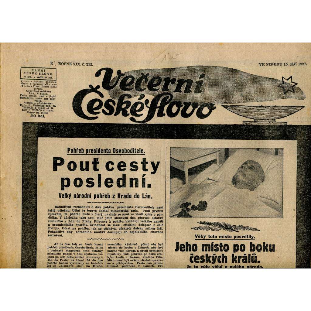 Večerní České slovo, ročník XIX., číslo 215/1937 (staré noviny) - T. G. Masaryk