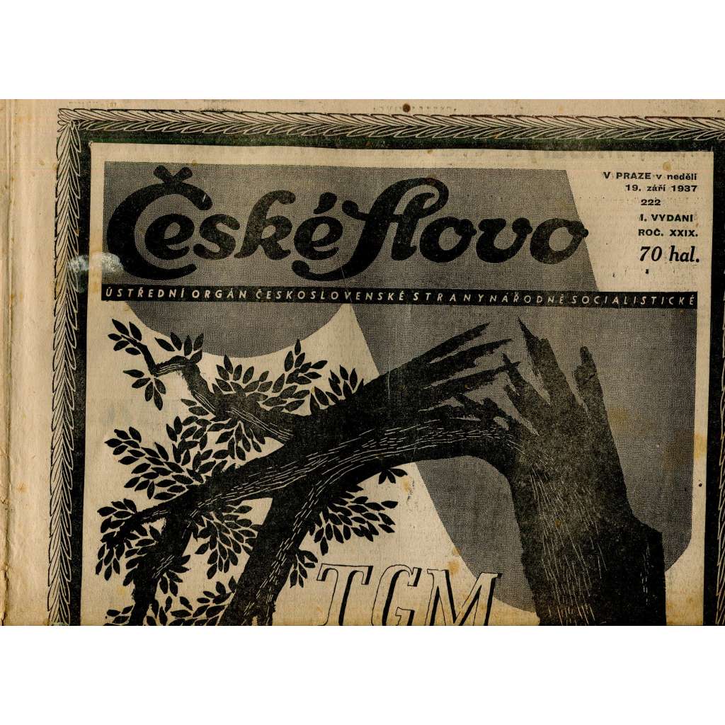 České slovo, ročník XXIX., číslo 222/1937 (staré noviny) - T. G. Masaryk