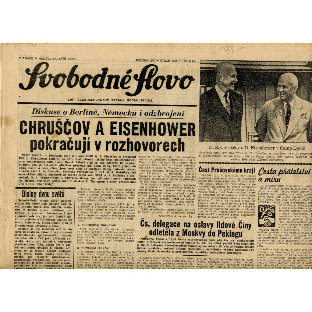 Svobodné slovo (27.9.1959) - staré noviny