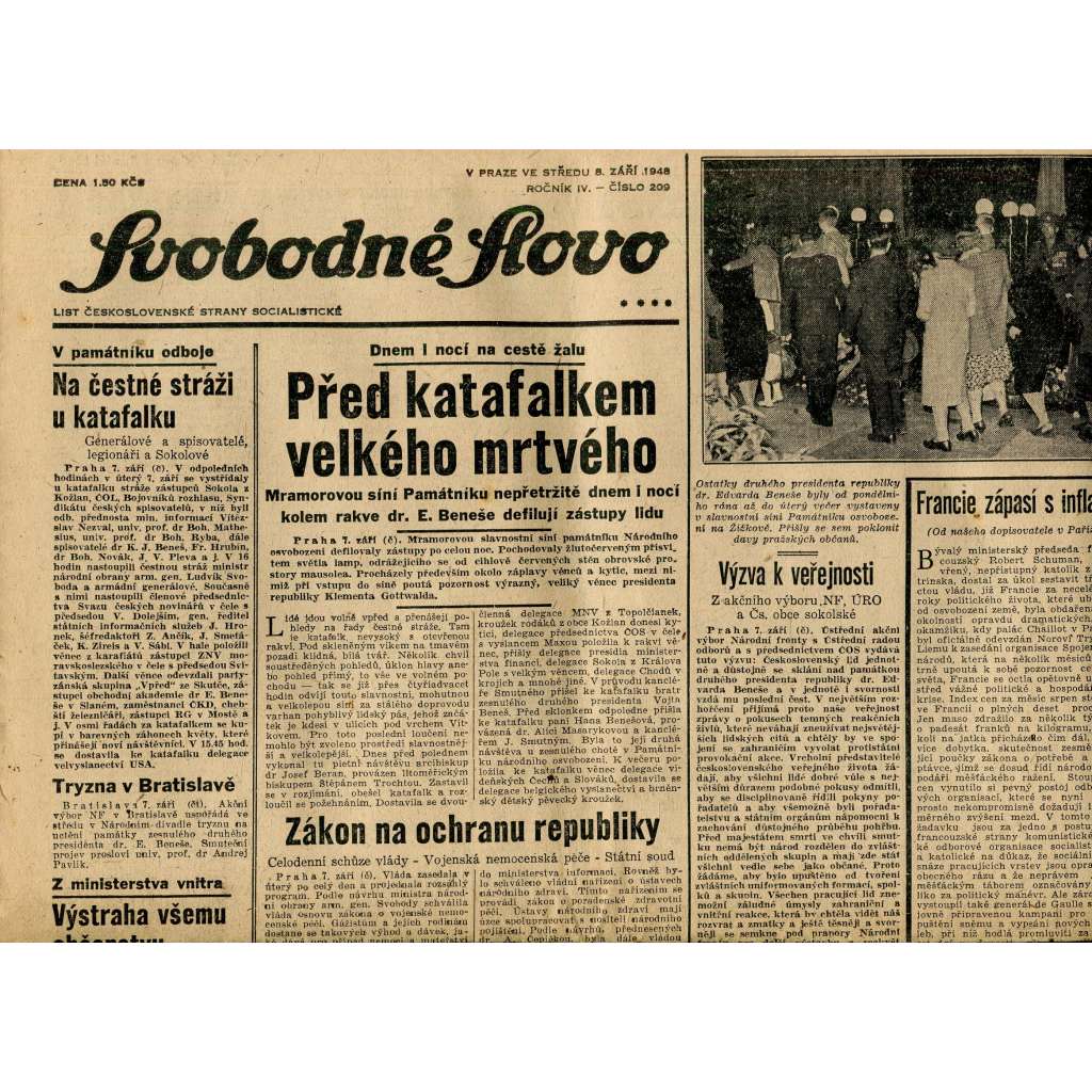 Svobodné slovo (8.9.1948) - staré noviny (Edvard Beneš)