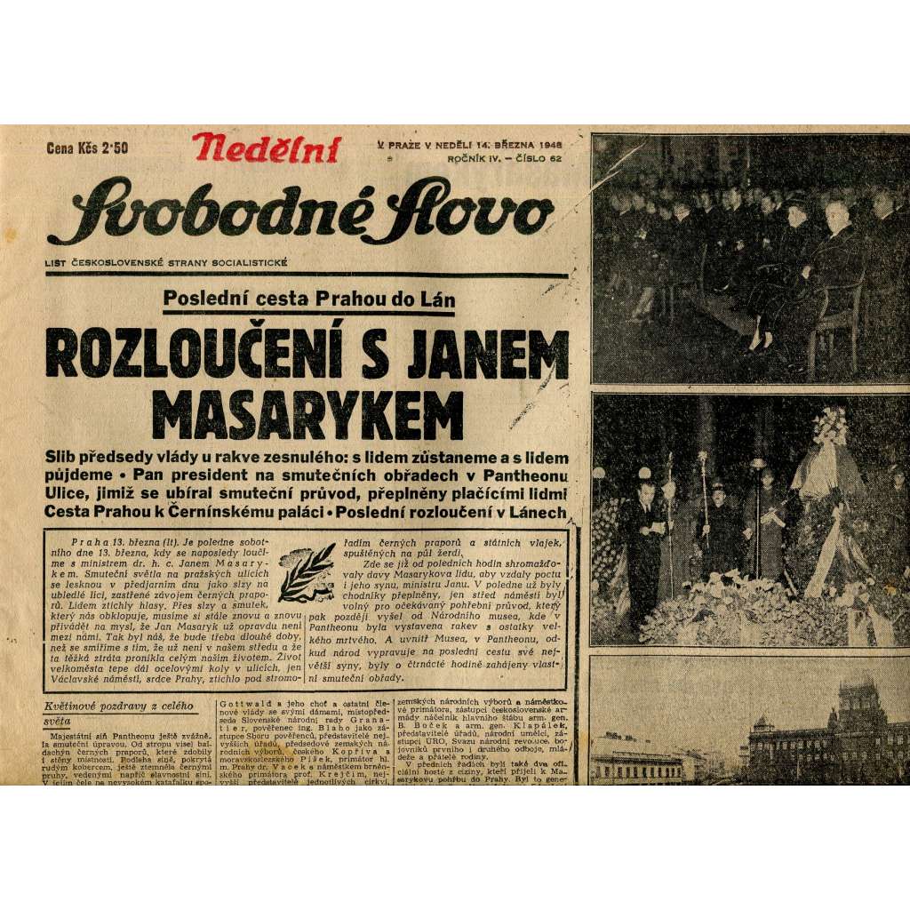 Svobodné slovo (14.3.1948) - staré noviny (Jan Masaryk)