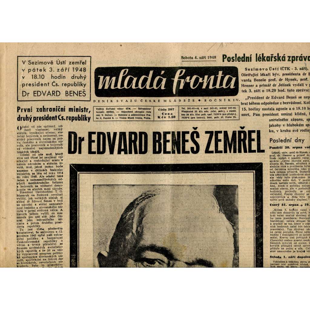 Mladá fronta (4.9.1948) - staré noviny (Edvard Beneš) Mladá fronta (4.9.1948) - staré noviny (Edvard Beneš)