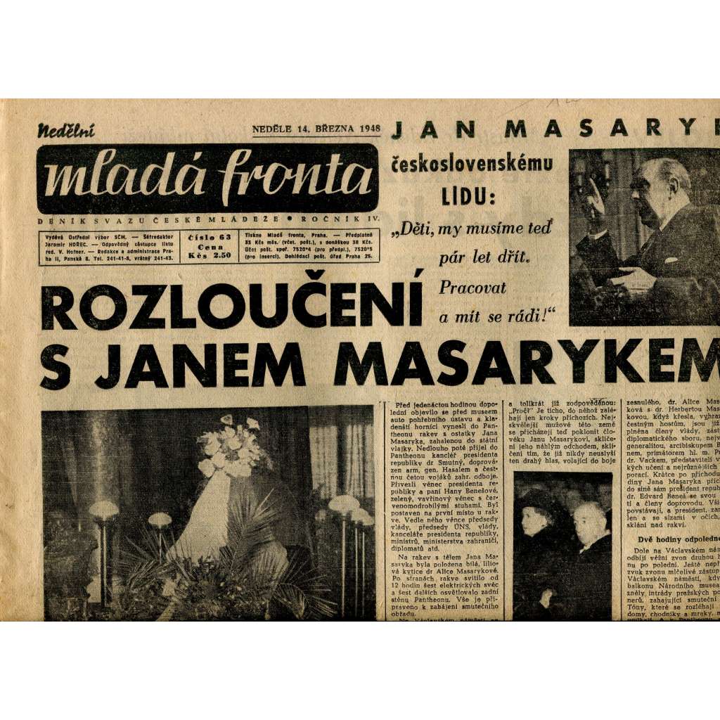 Mladá fronta (14.3.1948) - staré noviny (Jan Masaryk) Mladá fronta (14.3.1948) - staré noviny (Jan Masaryk)