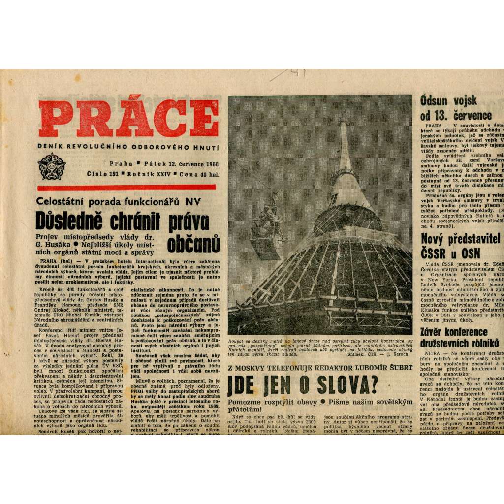 Práce. Deník revolučního odborového hnutí (12.7.1968) - staré noviny