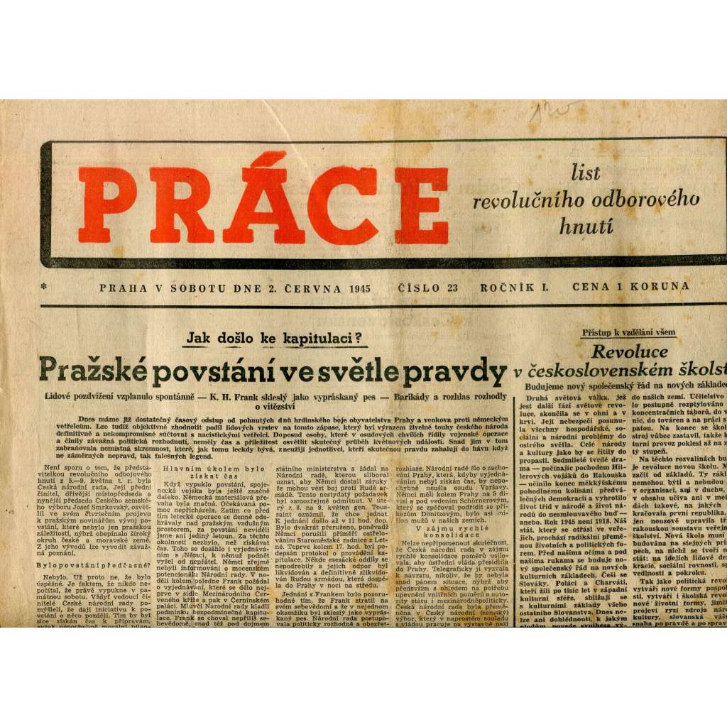 Práce. List revolučního odborového hnutí (2.6.1945) - staré noviny