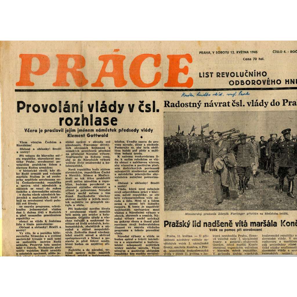 Práce. List revolučního odborového hnutí (12.5.1945) - staré noviny