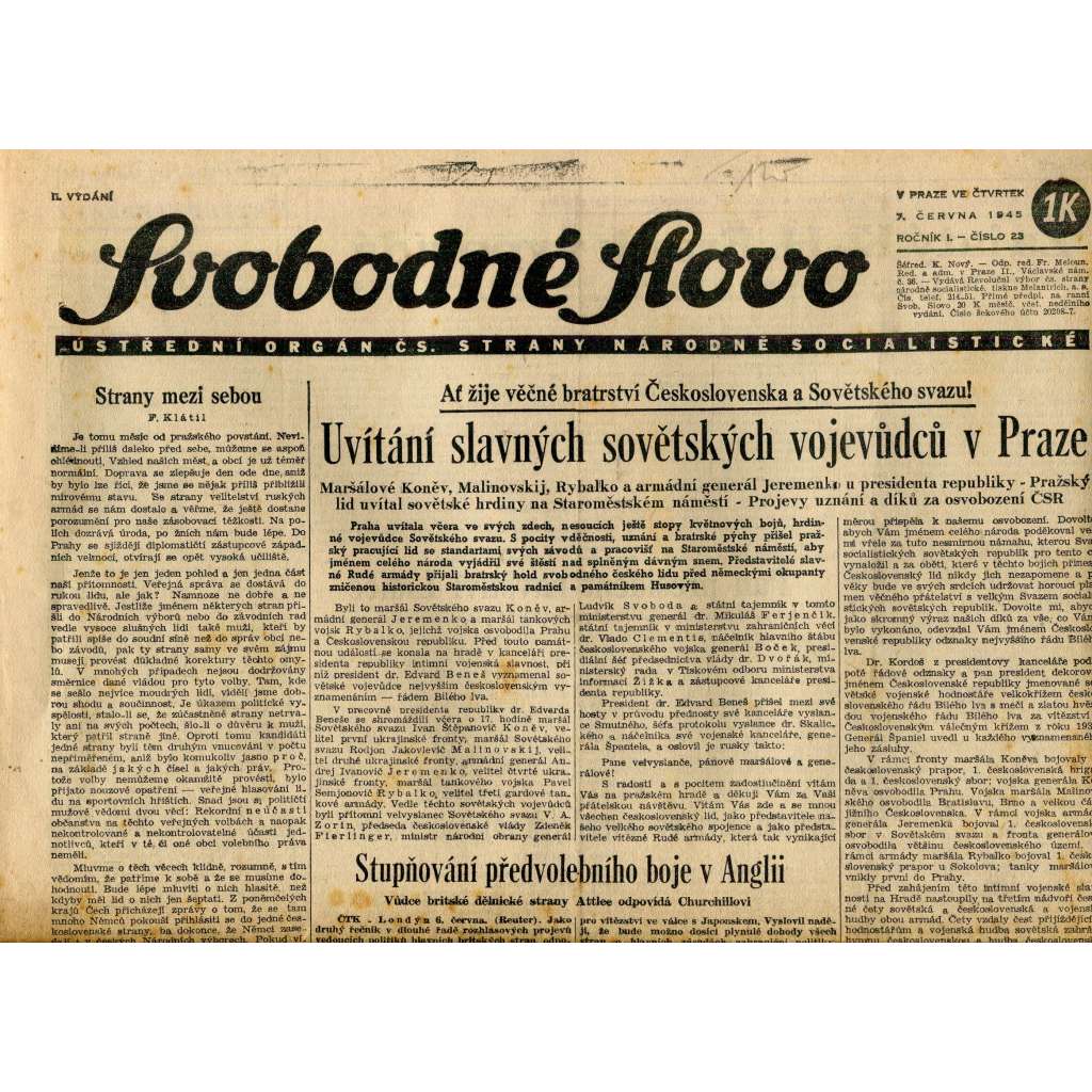 Svobodné slovo (7.6.1945) - staré noviny