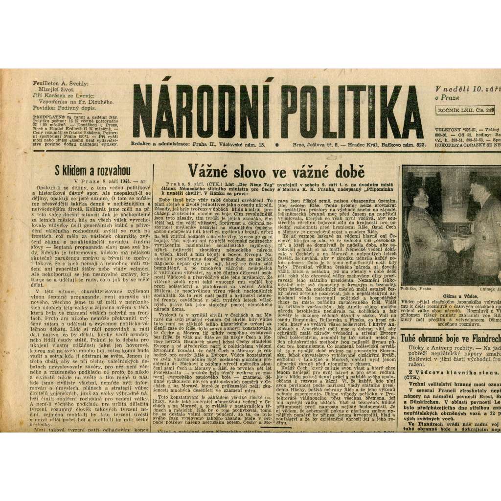 Národní politika (10.9.1944) - staré noviny, protektorát