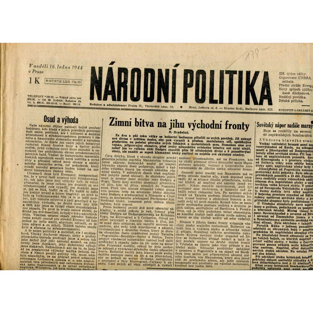Národní politika (16.1.1944) - staré noviny, protektorát