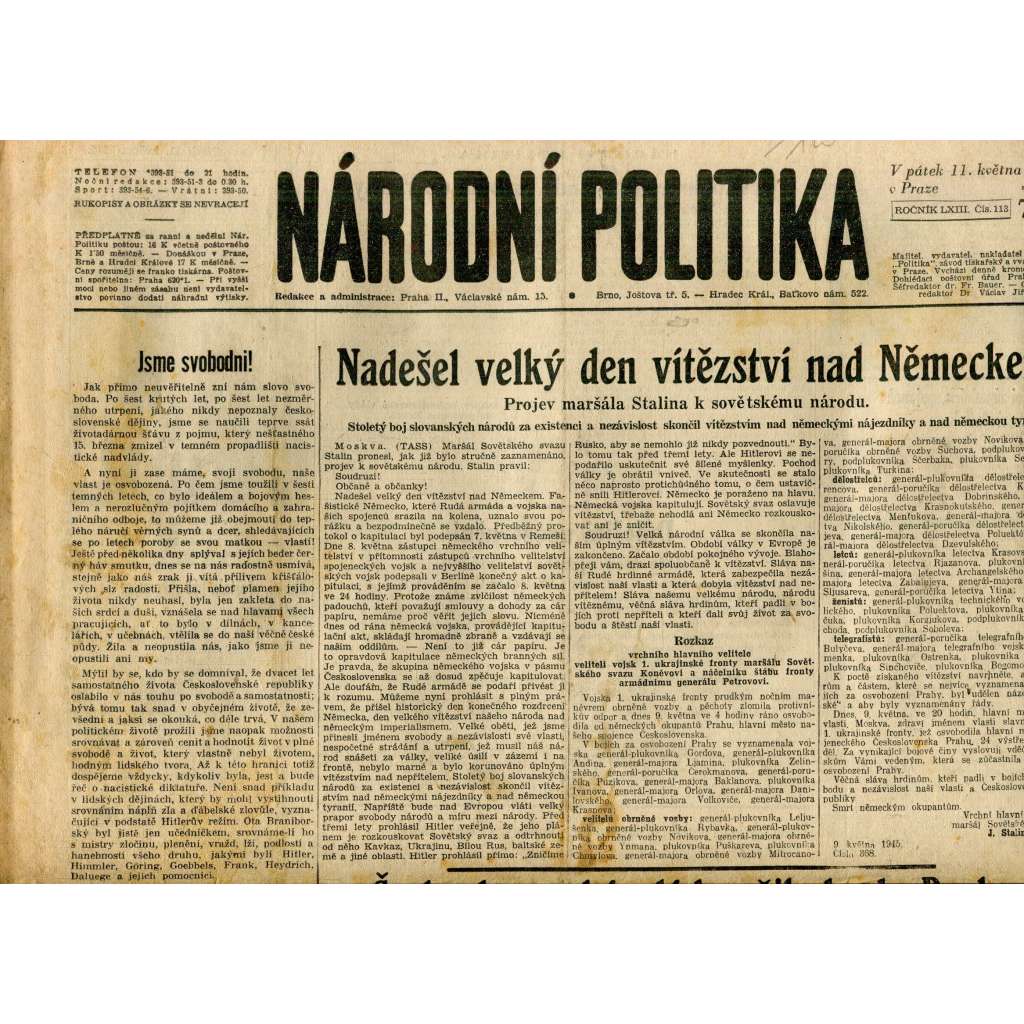 Národní politika (11.5.1945) - staré noviny, protektorát