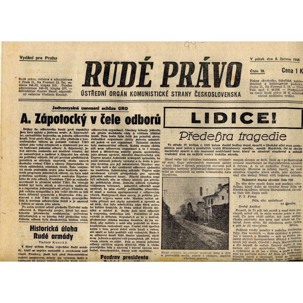 Rudé právo (8.6.1945) staré noviny, protektorát