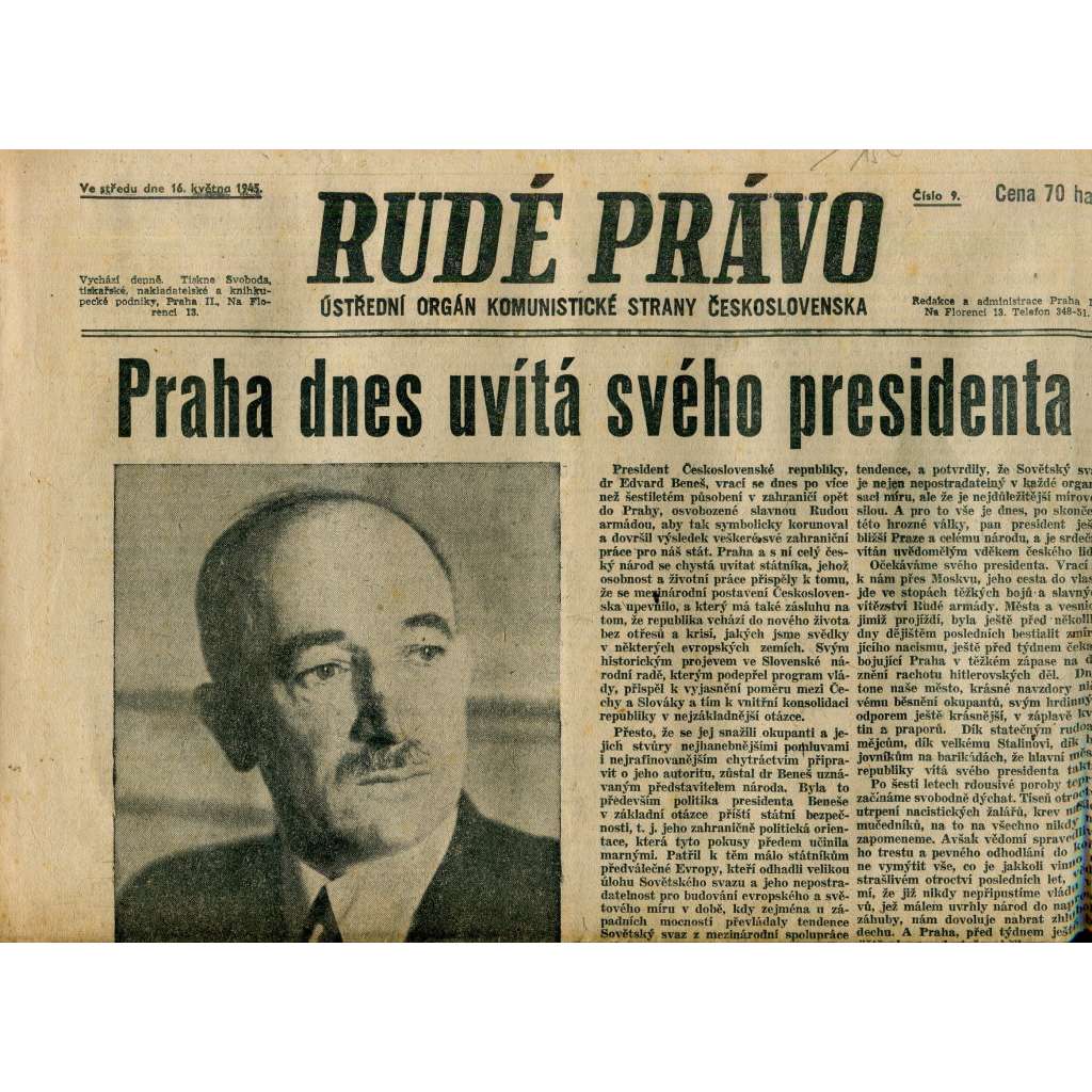 Rudé právo (16.5.1945) staré noviny, protektorát (Edvard Beneš)