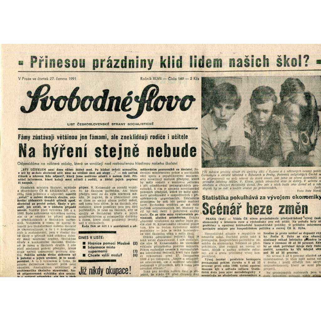 Svobodné slovo (27.6.1991) - staré noviny Svobodné slovo (27.6.1991) - staré noviny