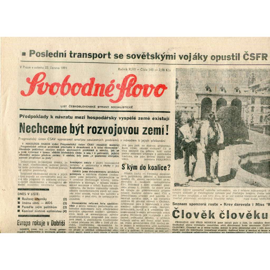 Svobodné slovo (22.6.1991) - staré noviny