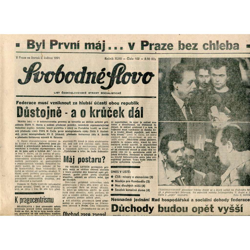 Svobodné slovo (2.5.1991) - staré noviny