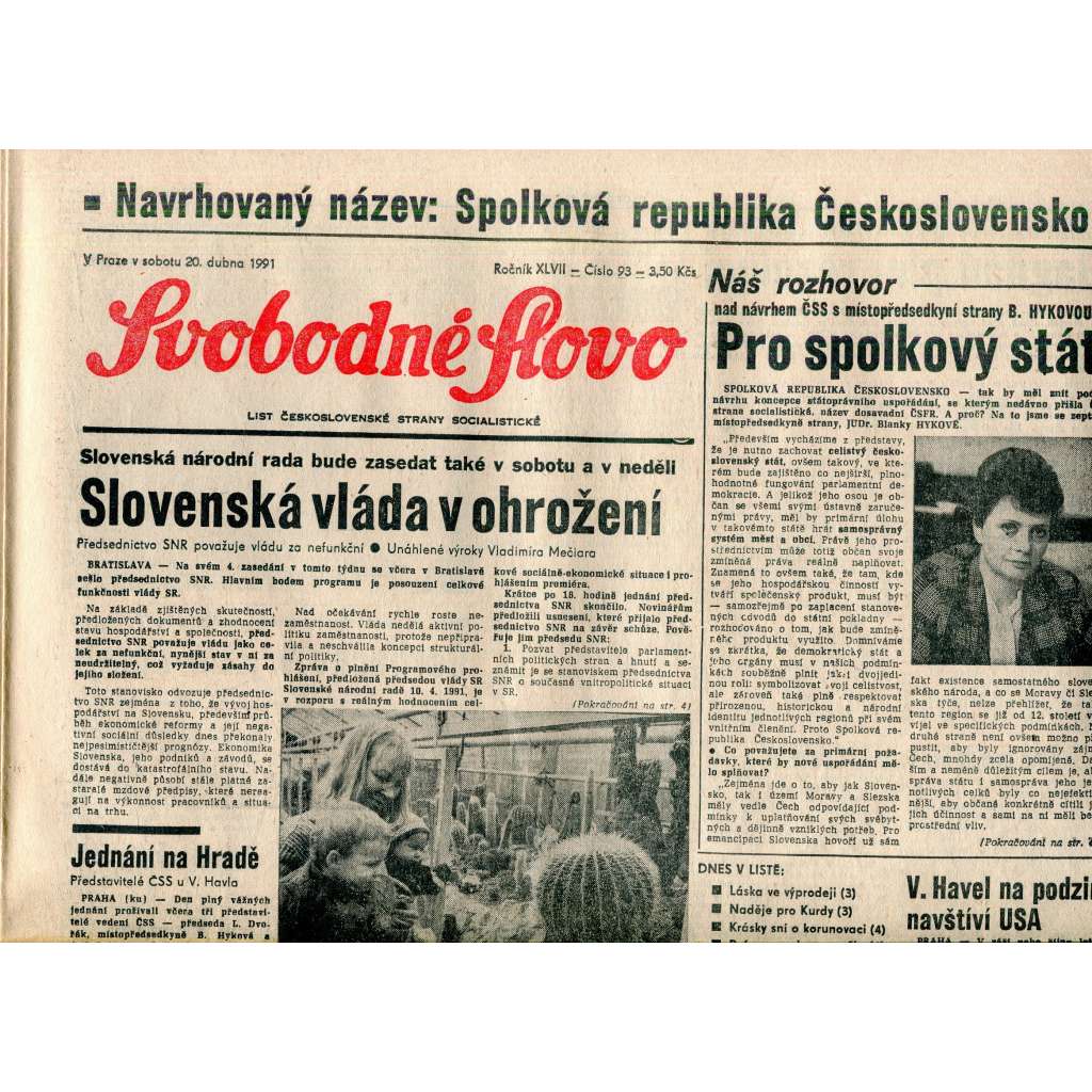 Svobodné slovo (20.4.1991) - staré noviny