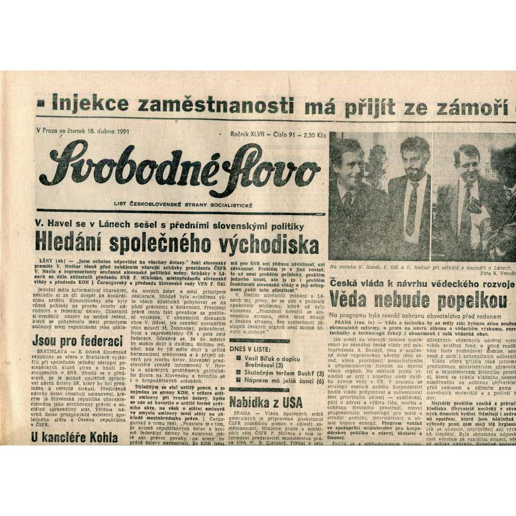 Svobodné slovo (18.4.1991) - staré noviny