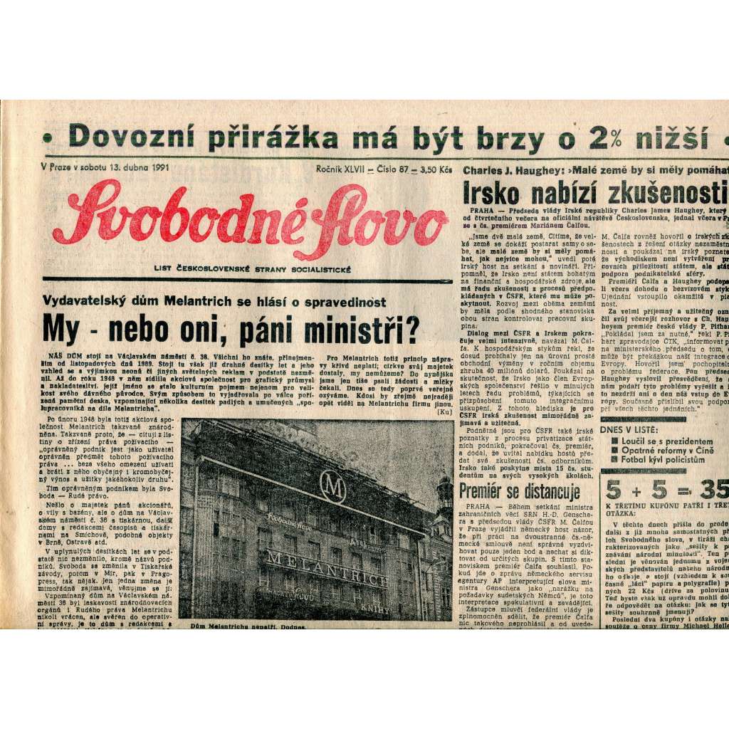 Svobodné slovo (13.4.1991) - staré noviny