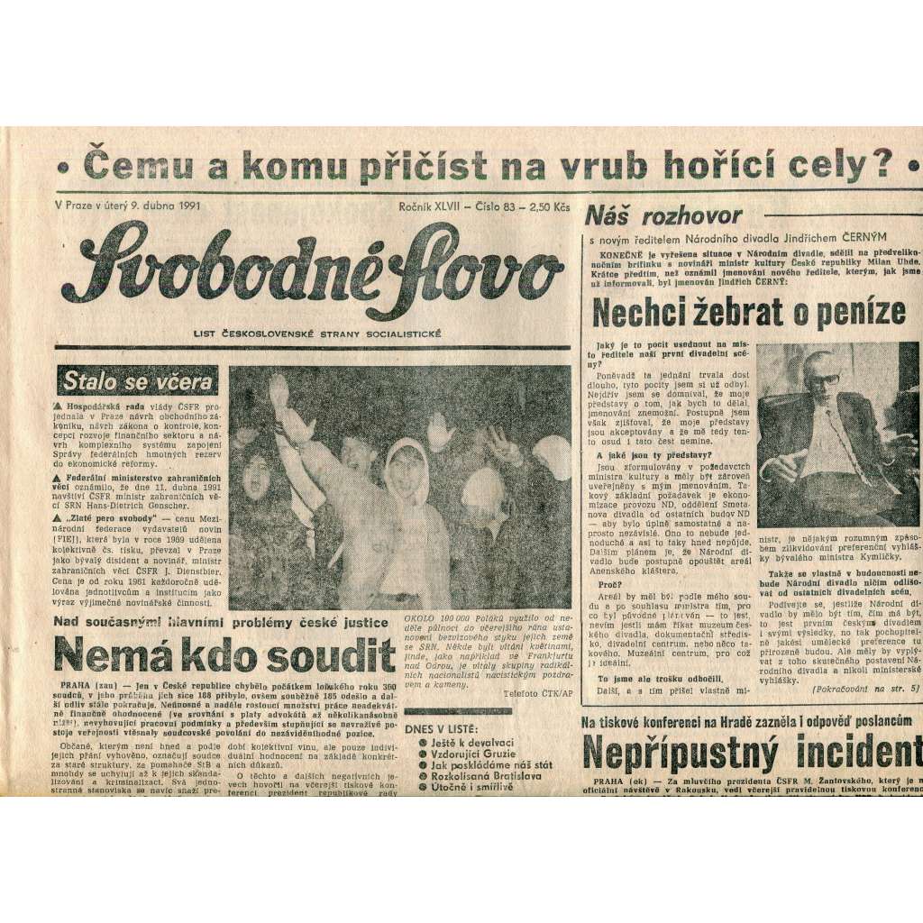 Svobodné slovo (9.4.1991) - staré noviny
