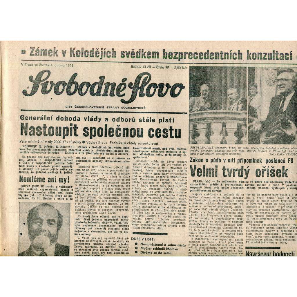 Svobodné slovo (4.4.1991) - staré noviny