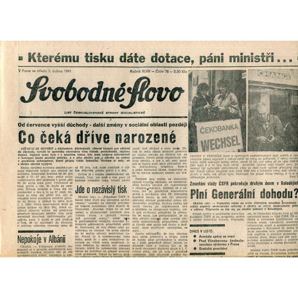 Svobodné slovo (3.4.1991) - staré noviny