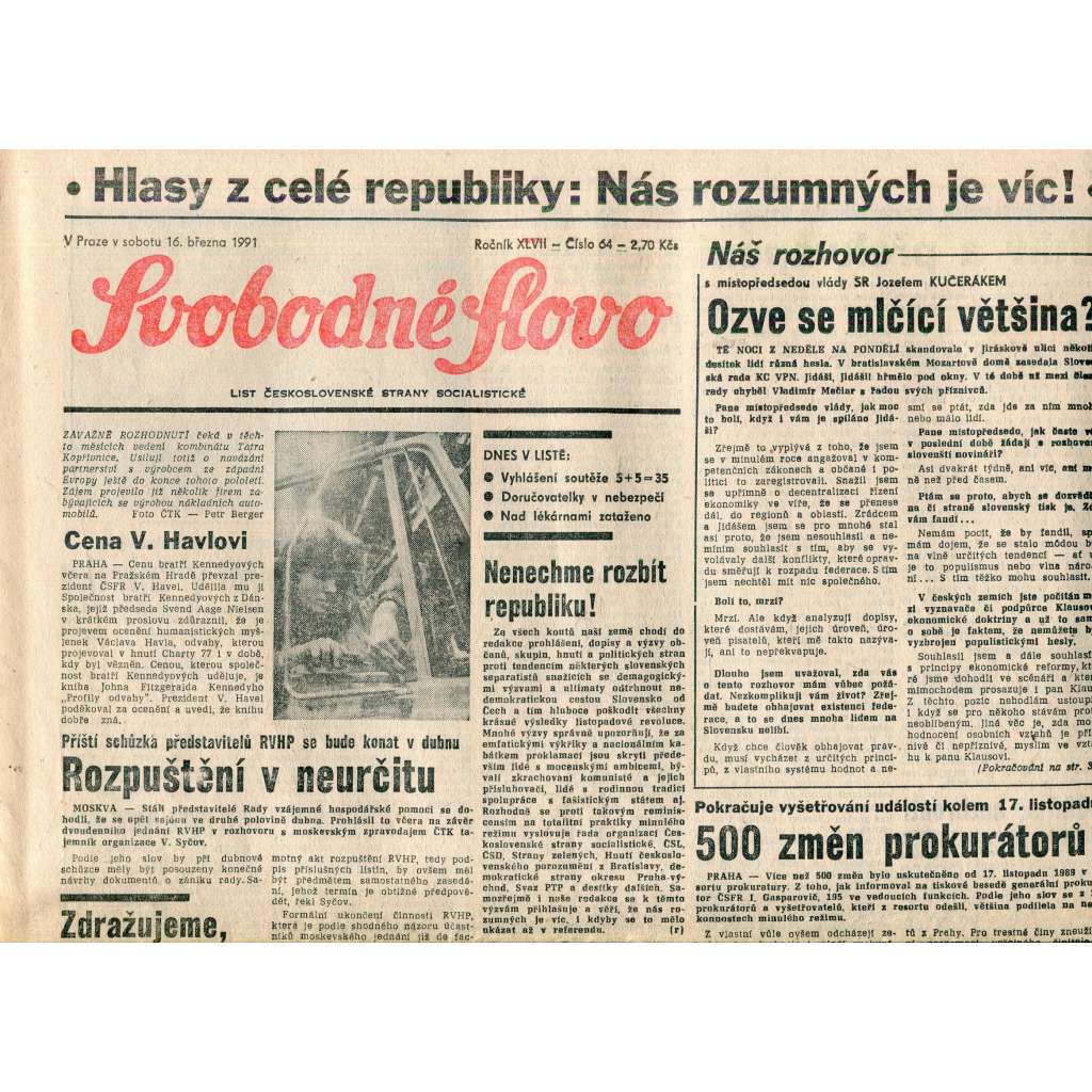 Svobodné slovo (16.3.1991) - staré noviny