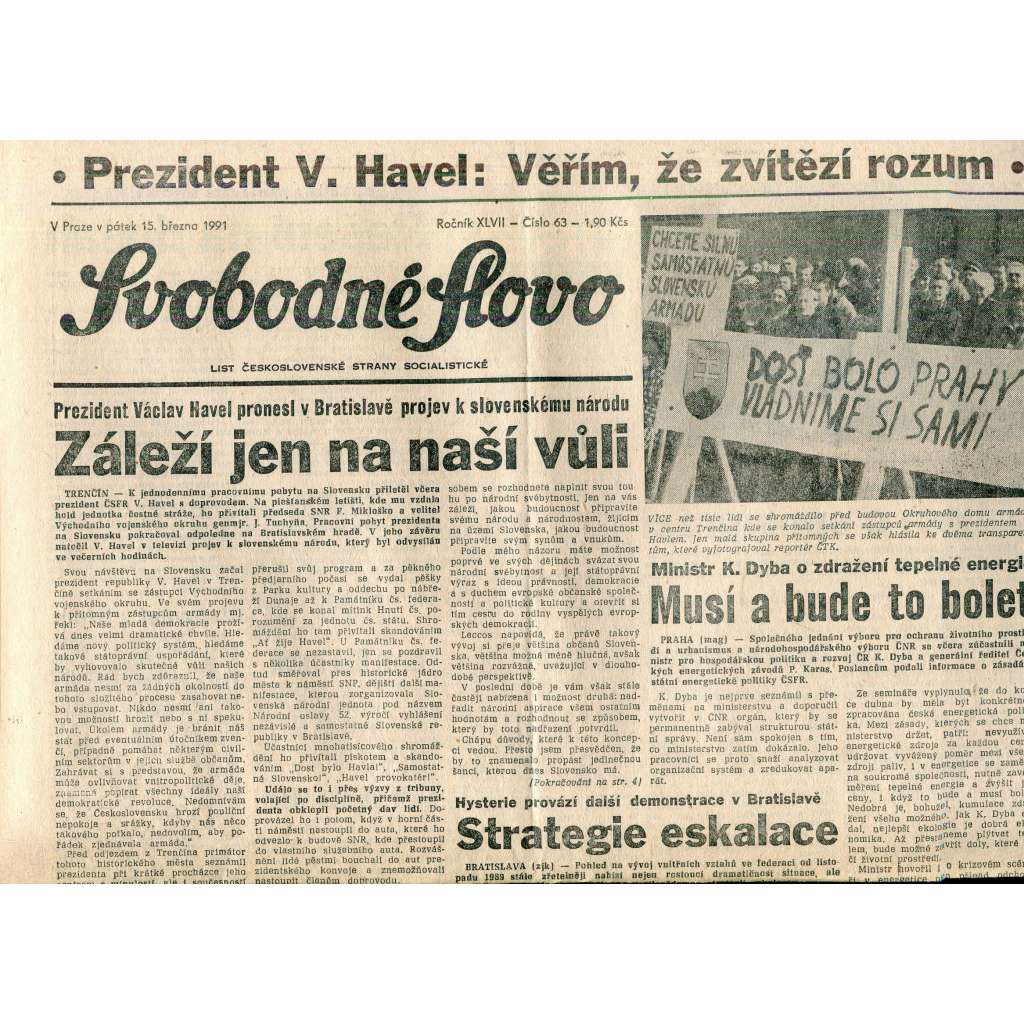 Svobodné slovo (15.3.1991) - staré noviny