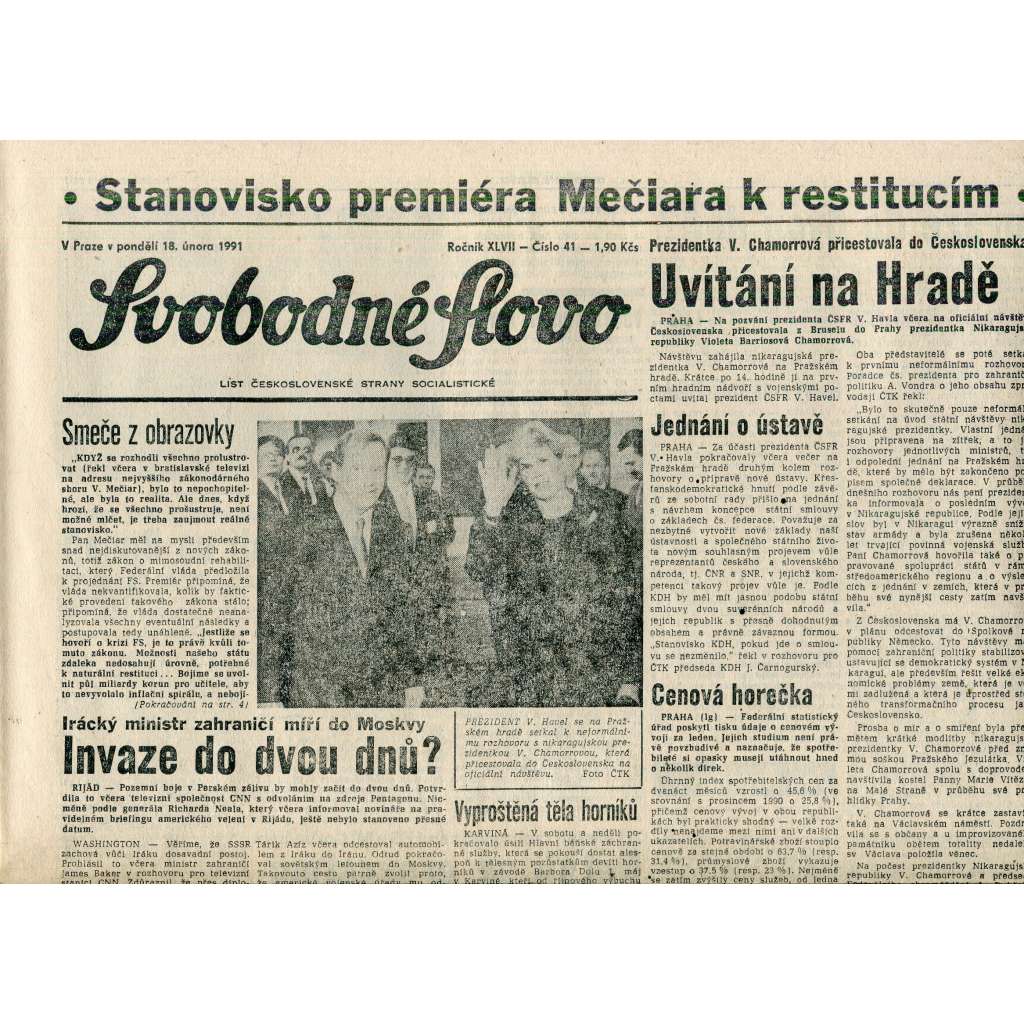 Svobodné slovo (18.2.1991) - staré noviny