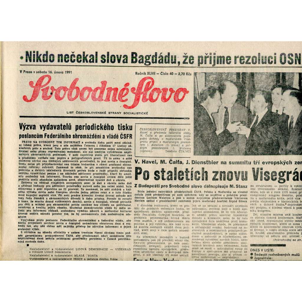 Svobodné slovo (16.2.1991) - staré noviny