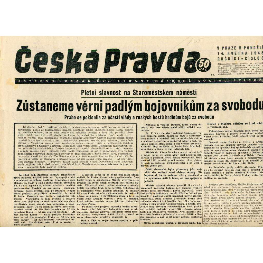 Česká pravda (14.5.1945) - staré noviny