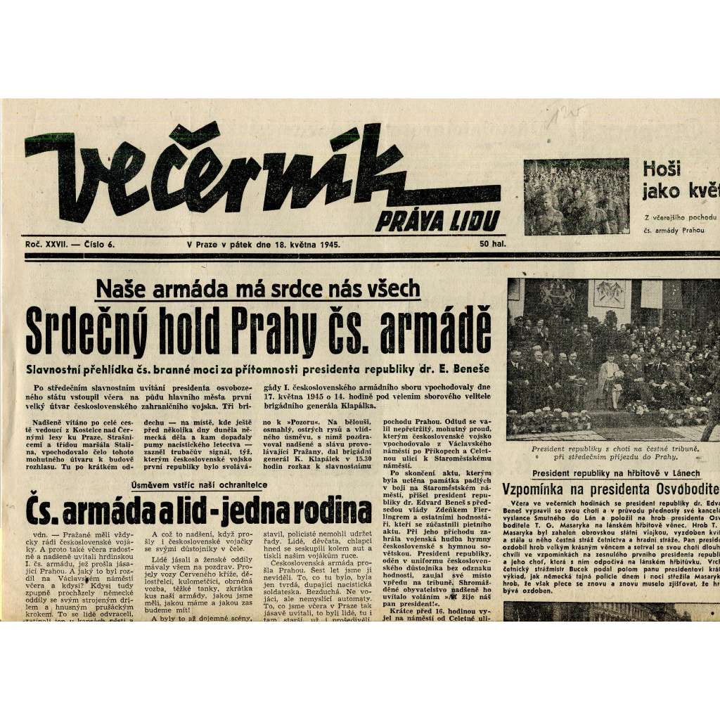Večerník Práva lidu (18.5.1945) - staré noviny (Právo lidu) Večerník Práva lidu (18.5.1945) - staré noviny (Právo lidu)