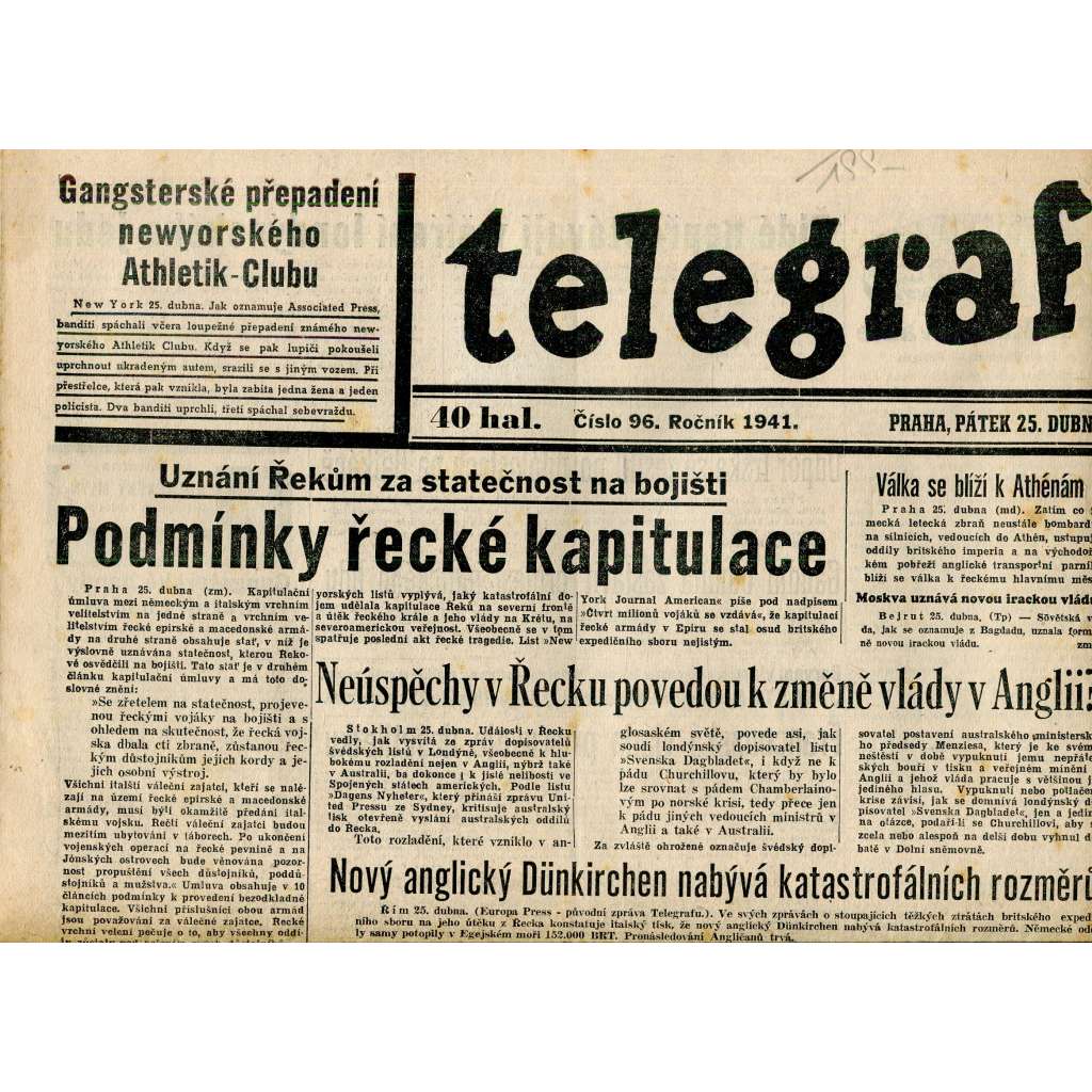 Telegraf (25.4.1941) - staré noviny, protektorát Telegraf (25.4.1941) - staré noviny, protektorát