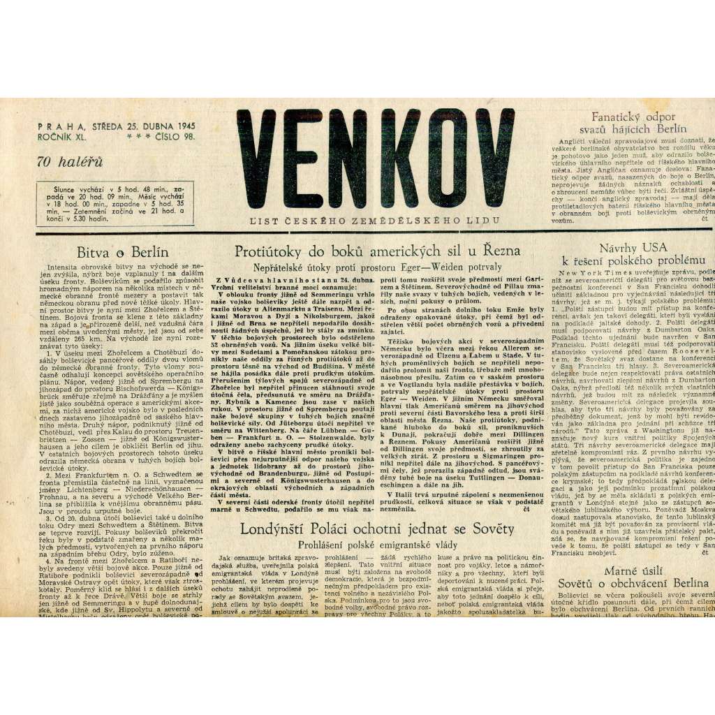 Venkov (25.4.1945) - staré noviny, protektorát Venkov (25.4.1945) - staré noviny, protektorát