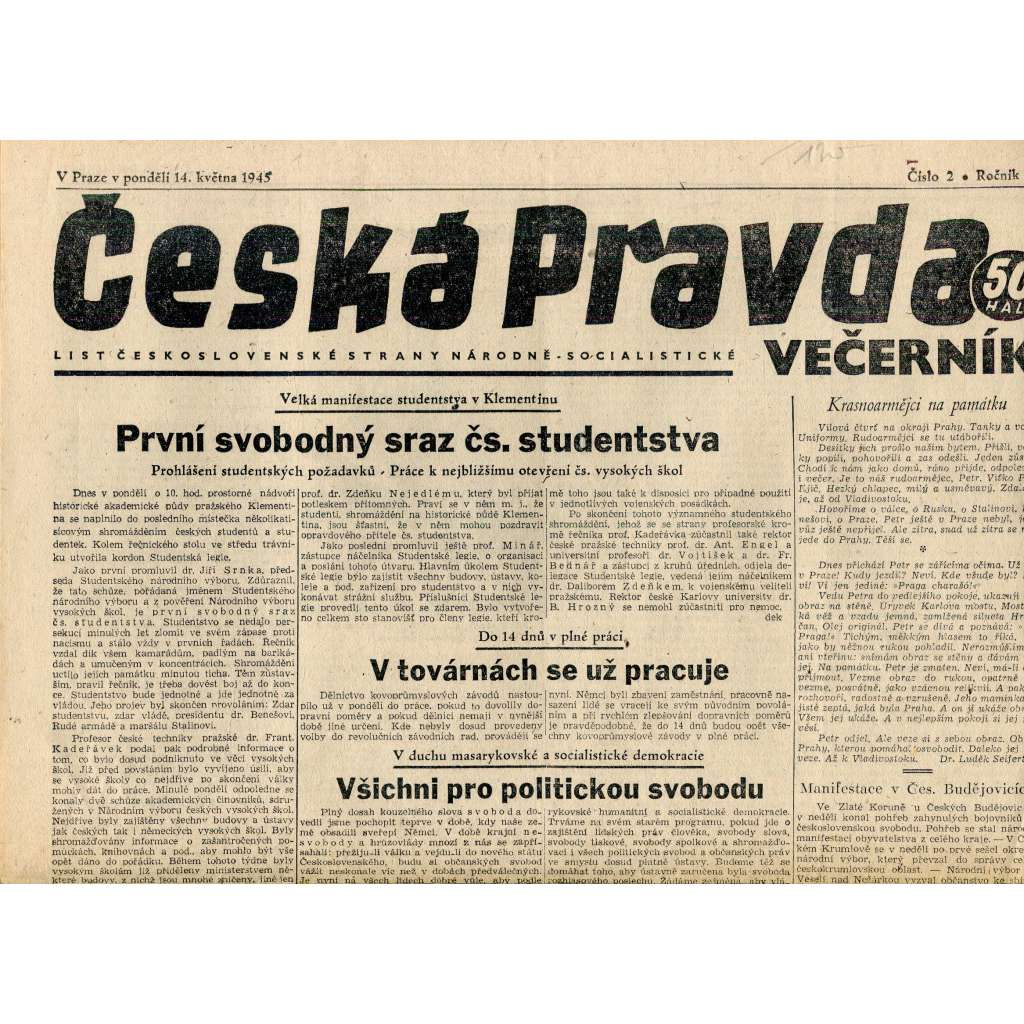 Česká pravda (14.5.1945) - staré noviny Česká pravda (14.5.1945) - staré noviny