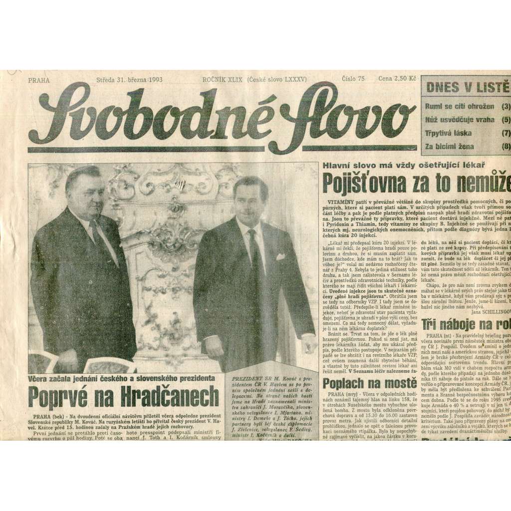 Svobodné slovo (31.3.1993) - staré noviny