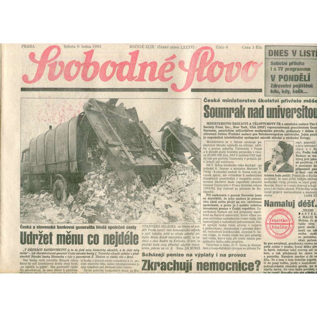 Svobodné slovo (9.1.1993) - staré noviny
