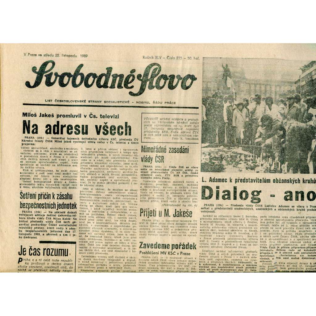 Svobodné slovo (22.11.1989) - staré noviny