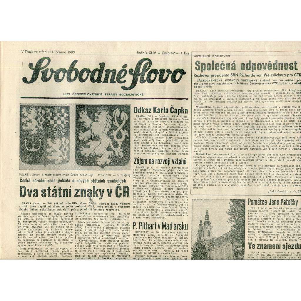 Svobodné slovo (14.3.1990) - staré noviny