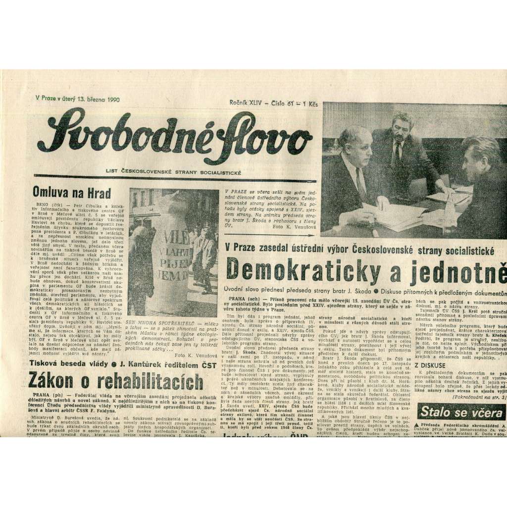 Svobodné slovo (13.3.1990) - staré noviny