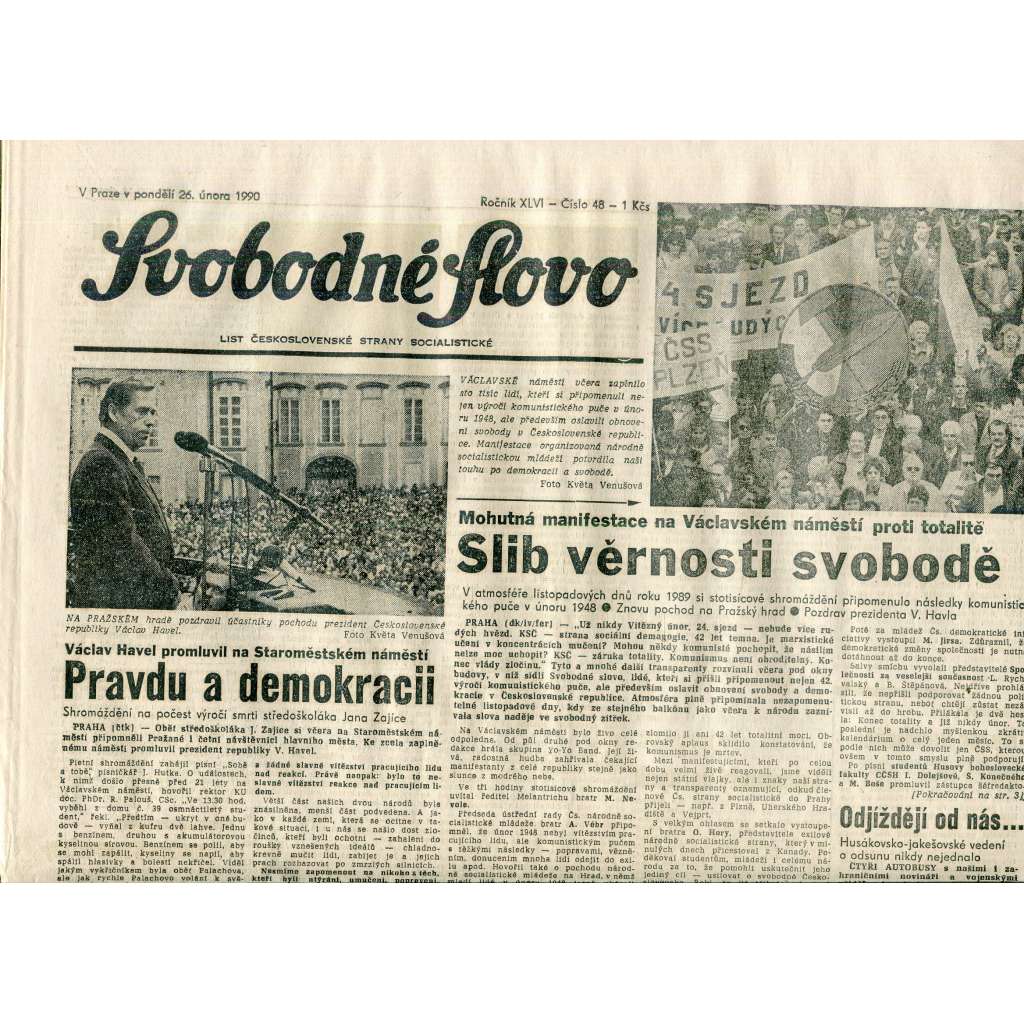 Svobodné slovo (26.2.1990) - staré noviny