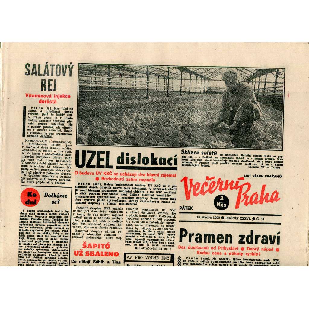 Večerní Praha (16.2.1990) - staré noviny