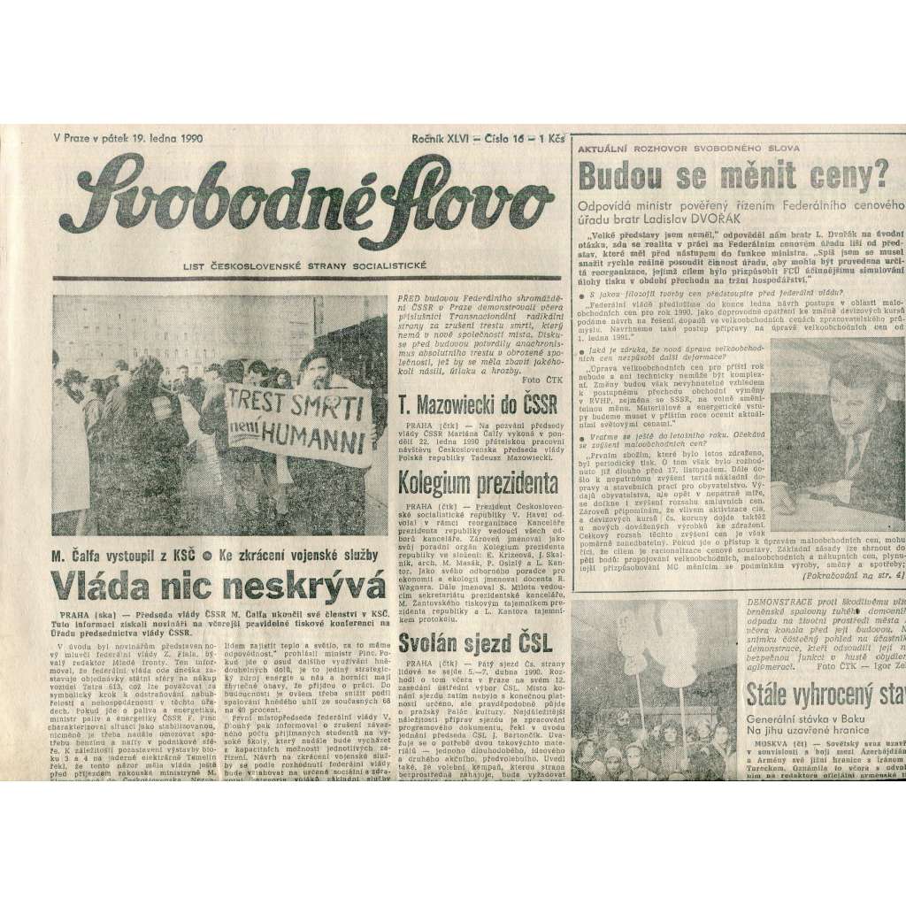 Svobodné slovo (19.1.1990) - staré noviny Svobodné slovo (19.1.1990) - staré noviny