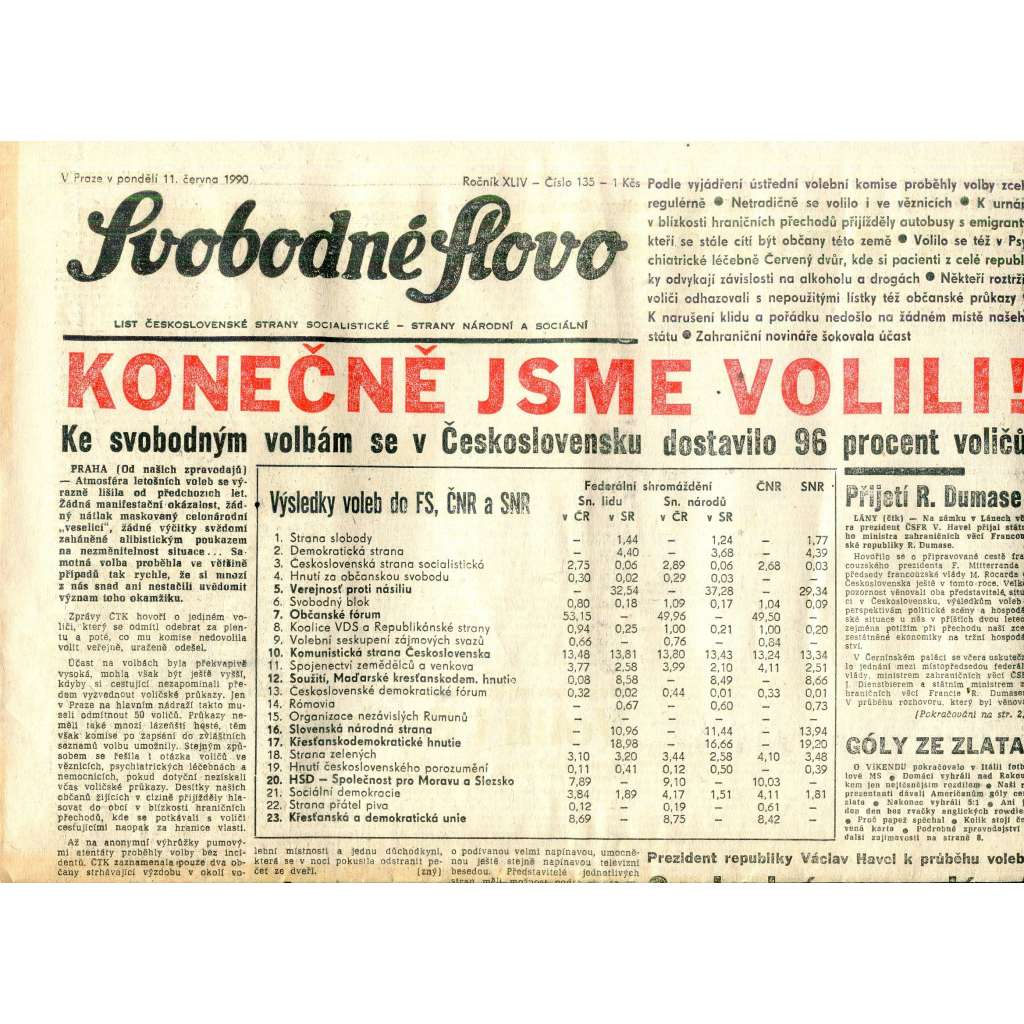Svobodné slovo (11.6.1990) - staré noviny
