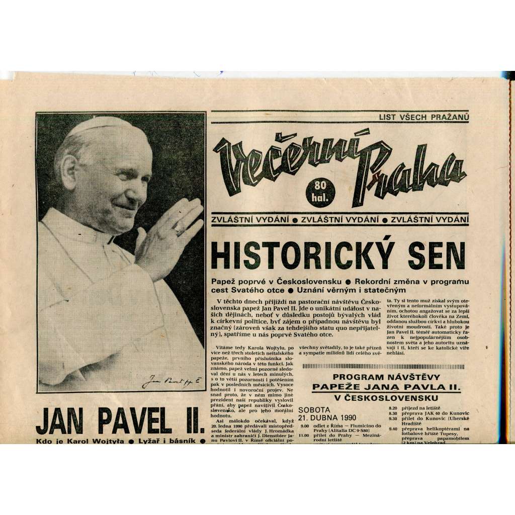 Večerní Praha (21.4.1990) - staré noviny